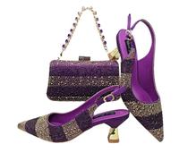 Nigerian Women Heel Party Italian Design Shoes and Bag Set Decorated with Rhinestone Handbag Wedding Party Purple