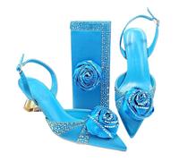 Nigerian Women Party Shoes and Matching Bag Set Pointed Toe Medium Heels Same Color Bags for Wedding Sky Blue