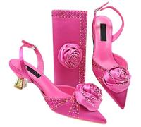 Nigerian Women Party Shoes and Matching Bag Set Pointed Toe Medium Heels Same Color Bags for Wedding Fuchsia