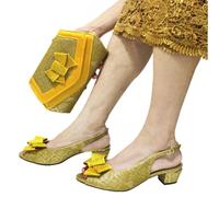 Nigerian Women's Crystal Peep Toe Sandals Bag Set Low Heel Party Shoes with Matching Clutch for Wedding Gold
