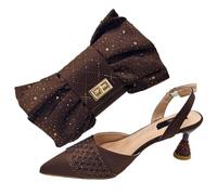 Nigerian Women's Luxury Heels Rhinestone Bag Set Italian Style Party Pumps with Matching Clutch for Wedding Brown