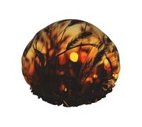Night brown wheat Shower Cap for Women Double Layers Thick Hair Caps Reusable Waterproof Bath Caps with Elastic Band Hair Hat Washable Shower Hat for Men Women Spa Salon