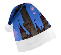 Night Castle with Colorful Firework on Blue Christmas Hat, Santa Hat, Xmas Comfort Holiday Hat for Adults, for Christmas Party New Year Festive Holiday Home Decorations
