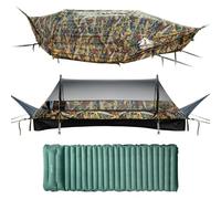 Night Cat Lay Flat Hammock: Flat Bottom with Mosquito Net Waterproof Rainfly for 1 Person Camping in Garden Backyard Wild Camouflage Pro