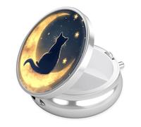 Night Cat Moon Pill Case, Pill Box 3 Compartments Metal Small Pill Holder with Mirror Mini Travel Pill Container for Purse Pocket Women Men
