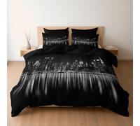 Night City Black White Water Reflection Printed Duvet Cover, Reversible Black Quilt Cover Bedding Double Bed Set, Cosy Soft Hypoallergenic Non-Iron Comforter Covers with Pillowcases