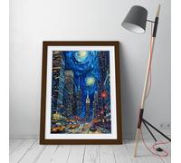 Night city skyscrapers lights Stunning Framed Wall Art Print Picture - A3 - Walnut Frame