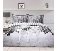 Night Comfort 3D Wolf Snow Forest Duvet Cover and Pillowcases, 220x230cm - Printed Luxury Polycotton Quilted Bedding Set for Bed Room - Super Breathable Hypoallergenic Full Bed Cover Set