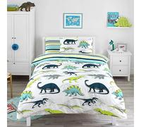 Night Comfort Cotton Blend Dinosaur Duvet Cover Reversible Stripes Bedding Set With Matching Pillow Cases - Dino Printed Design For Kids & Children (Double 200x200cm)