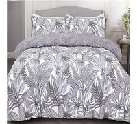 Night Comfort Eco Breathable Double Duvet Cover with Pillowcases - 100% Polycotton High Thread Count Percale Peyton Grey White Leaves Design Premium Reversible Quilted Full Bed Set