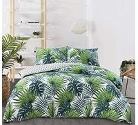 Night Comfort Eco Breathable Duvet Cover with 2 Pillowcases - Reversible Soft Cotton Blend Tropical Forest Green Palm Leaf Printed Quilted Full Bedding set for Modern Bedroom, King