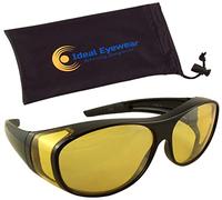 Night Driving Wear Over Glasses by Ideal Eyewear - Fit Over Prescription Glasses - Yellow Lens for Better Night Vision (Black Frame with case, Large)