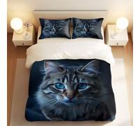 Night Enchanted Blue-eyed Cat Printed Duvet Cover Set, 3D Effect Bedding, Elegant Gray and Black, Suitable for Bedroom (02,Double + 50x75cm x2)