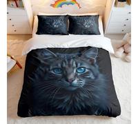 Night Enchanted Blue-eyed Cat Printed Duvet Cover Set, 3D Effect Bedding, Elegant Gray and Black, Suitable for Bedroom (04,Single + 50x75cm x2)