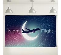 Night Flight Wall Backdrop, Airplane Moon Starry Skyline Decor, Blue Violet Photography Background for Events and Parties 71x43 Inch