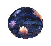 Night Flowers Shower Cap for Women Double Layers Thick Hair Caps Reusable Waterproof Bath Caps with Elastic Band Hair Hat Washable Shower Hat for Men Women Spa Salon