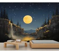 Night Forest Landscape Wallpaper, Lake Pine Forest Living Room Wallpaper, Mountains at Night in Full Moon Light Wall Murals for Bedroom Accent for Kids Bedroom Living Room 280 X 200 cm
