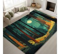 Night Forest Moonlight Trees Path Printed Rugs Cartoon Natural Dreamy Calm Soft Rugs Illustration Vibrant Machine Washable Area Rug Green for Kids room 60 x 120 cm