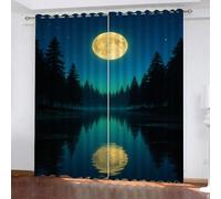 Night Forest Thermal Insulated Curtains,Northern Lights Curtains Bedroom,Starry Night Landscape Printed Blackout Window Drapes,Full Moon Reflection Super Soft Living Room W96 x L183cm 2 Panels Drapes