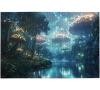 Night Giant Mushroom River Mystic Forest 1000 Piece Wooden Jigsaw Puzzle, Adult Puzzle Gift 29.5x19.7 Inch