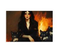 Night Goddess And Wolf Themed Print, Gothic Witch Art Print, Unique Animal Spirit Art