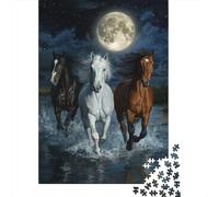 Night Horse Trio 1000 Pc Cardboard DIY Horses Under Full Moon Puzzle, Challenging Game Adults/Teens, Stress Relief, Wall Decor 70x50cm/1000pcs