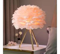 Night Lamp For Bedroom Decorative Feather Table, Gold Tripod, 45cm Height, Fluffy Feather Shade, Romantic Style Bedside E2, Wedding Gift, Decorative Living Room (Light