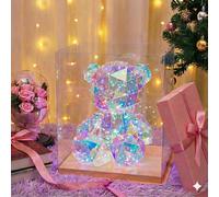 Night Light Holographic Teddy Bear, Unicorn and T-Rex, Light-Up Illuminated Plush with Gift Box, Nursery Decor (Teddy Bear, Small)