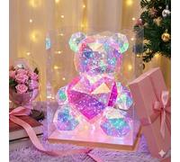 Night Light Holographic Teddy Bear, Unicorn and T-Rex, Light-Up Illuminated Plush with Gift Box, Nursery Decor (Bear - Pink Heart, Valentines)