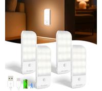 Night Light with Motion Sensor, 4 Pack Type-C Rechargeable LED Night Light with 3 Lighting Modes, Closet Lamp with Magnetic Strip for Wardrobe, Hallway, Staircase, Kitchen, Warm White