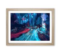 Night Lights Of Hong Kong In Abstract Modern Art Framed Print | A2 Oak Framed Wall Art | Ready to Hang | Abstract Fantasy Picture | Living Room Bedroom Lounge Office