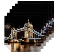 Night London Tower Bridge Napkins 6 PCS 18.7x18.7 Inch, Durable Polyester Cloth Napkins Decorative Handkerchief for Guests Reusable Washable Dining Napkin for Wedding, Hotel, Home Dining