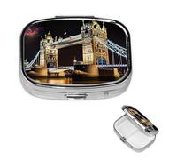 Night London Tower Bridge Pill Box 2 Compartment Square Portable Pill Case for Pocket or Purse Pill Holder Weekly Pill Organizer Decorative Metal Medicine Vitamin Organizer Travel Gift