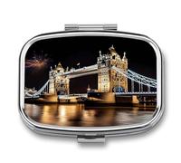 Night London Tower Bridge Pill Organizer with 2 Compartments Portable Pill Container Small Pill Box for Purse Travel Essentials Metal Pill Case Mini Medicine Container for Daily Use