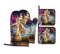 Night London Tower Bridge Printed Oven Gloves Heat Resistant, Non Slip oven mitts Potholder with Hanging Loop for Kitchen Grilling, Baking, Bbq (4 Pcs)