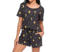Night Magic Sun Stars Moon Womens Pyjamas Sets Short Sleeves, Ladies Pajamas Pjs Set Loungewear with Pocket Size M