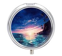 Night Ocean Pill Box Round Pill Case for Purse & Pocket 3 Compartment Medicine Pill Organizer Portable Travel Pillbox Medicine Vitamin Cod Liver Oil Storage Box
