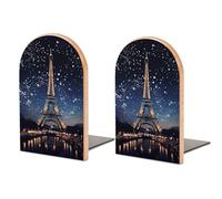 Night Paris Eiffel Tower Bookends 1 Pair, Wooden Book Ends with Non-Slip Metal Base, Heavy Duty Decorative Book Holders for Shelves, Home Office and Library Organization