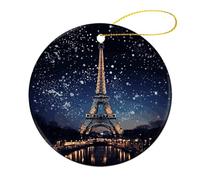 Night Paris Eiffel Tower Christmas Tree Ornaments Round Shape Ceramic Xmas Tree 2 Pcs Hanging Pendants 2024 Christmas Tree Decorations for Xmas Family Party Holiday Decorative