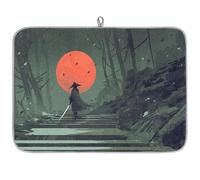 Night Red Moon Japan Samurai Microfibre Dish Drying Mat Japan Absorbent Dish Drying Drainers Mats for Kitchen Spoon Glass Plate 40.6 x 45.7 cm