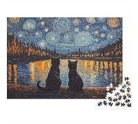 Night River Two Cats 1000 Piece Jigsaw Puzzle Paper for Adults Starry Sky Scenery Relaxation Home Decor Gift Family Focus 70x50cm/1000pcs