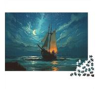 Night Sailboat Moonlight 1000 Piece Puzzle for Adults Sailing Ship Under Moonlit Night Sky Challenging Premium Thick Sturdy Vibrant Stress Relief Family Decor 70x50cm/1000pcs