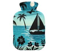 Night Sea Shore Tree Boat Black hot Water Bottles with Soft Cover, 2L Warm Water Bottle for Bed for Neck Shoulder Warmer