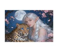 Night Silver Elves Jigsaw Puzzles 1000 Pieces for Adults, White-haired Fairy 30''x20''Inch Beautiful Snow Leopard Moon Flowers DIY Puzzle for Home Wall Decor Realistic Fantasy Woman Art 1000 PCS