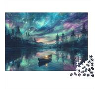 Night Sky Canoe Lake 1000pc Aurora Lake Boat Thick Cardboard Jigsaw Puzzle for Stress Relief Seekers Christmas Gathering Home Decor Casual Gamers Staycation Entertainment 38x26cm/1000pcs