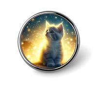 Night Sky Cat Round Brooch Pin Badge Lapel Tie Pin for Women Men Office Worker Teacher Decor