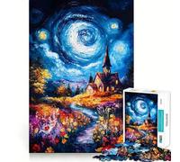Night Sky Church Painting 1000 Piece Jigsaw Puzzles for Adults Logic Boost Toy Family Bond Premium Edge Warm Surprise (38x26cm)