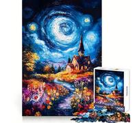 Night Sky Church Painting Jigsaw Puzzles 1000 Piece for Adults Improve Memory Peaceful Time Fine Edge Santa Wish Gift (38x52cm)