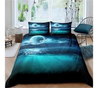 Night Sky Duvet Cover Moon and Foggy Clouds with Turquoise Glass Like Sea Ocean Print Bedding Natural Scenery Starry Sky Galaxy Comforter Cover Kid Teen Decor 3Pcs (Colour 7,Single:135x200cm (3Piece))