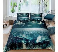 Night Sky Duvet Cover Moon and Foggy Clouds with Turquoise Glass Like Sea Ocean Print Bedding Natural Scenery Starry Sky Galaxy Comforter Set Kid Teen Decor 3Pcs (Colour 14,Single:135x200cm (3Piece))